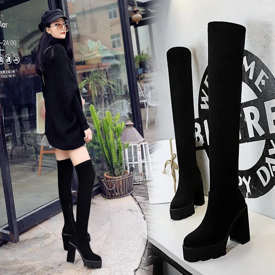 Chicvane Womens Suede Pointed Toe Platform Chunky Heel Over The Knee Boots