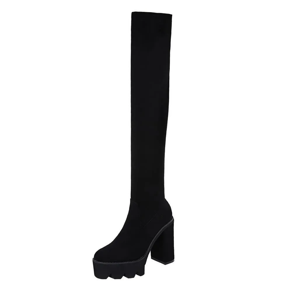 Chicvane Womens Suede Pointed Toe Platform Chunky Heel Over The Knee Boots