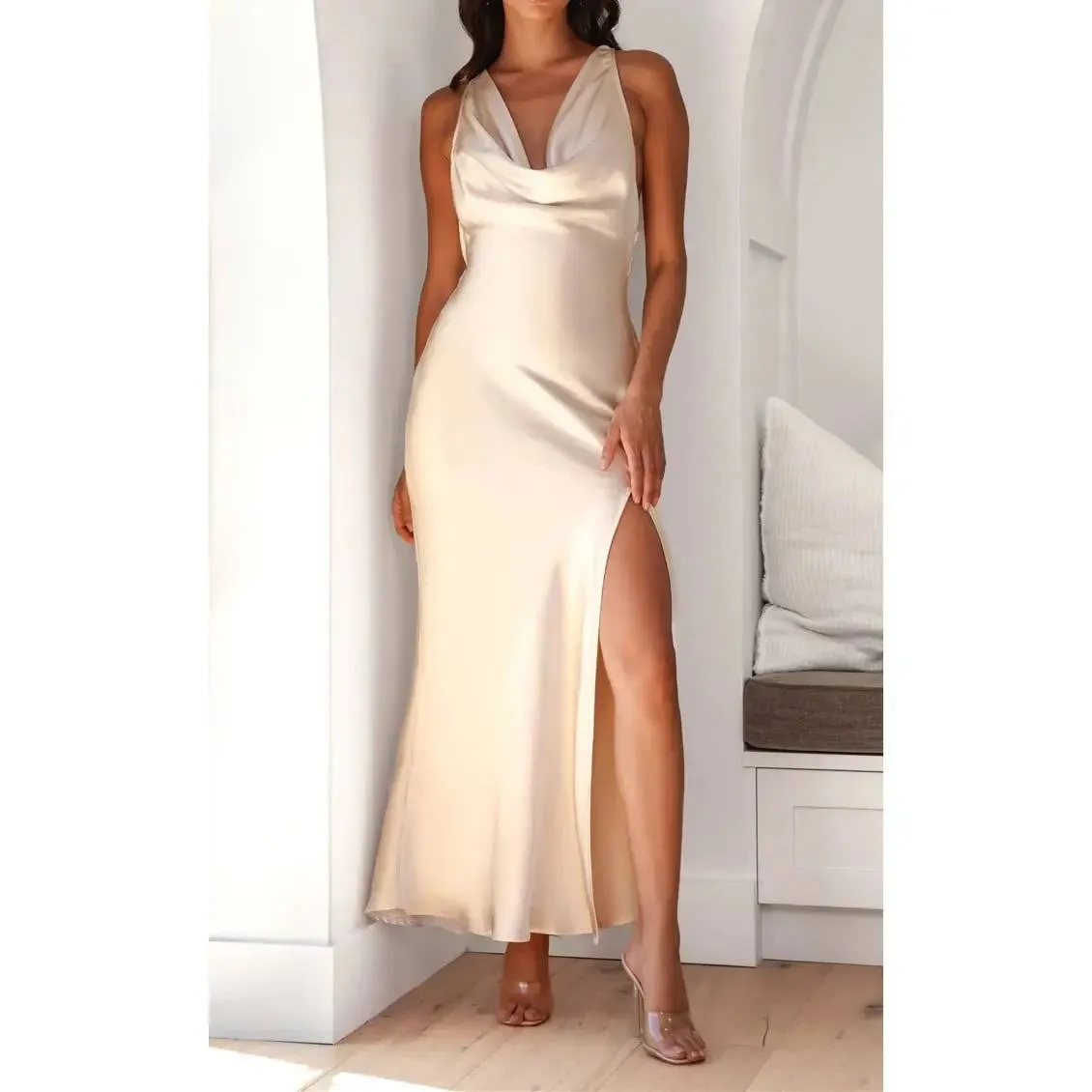 COWL NECK FLOWER EMBROIDERED MAXI DRESS CHAMPAGNE