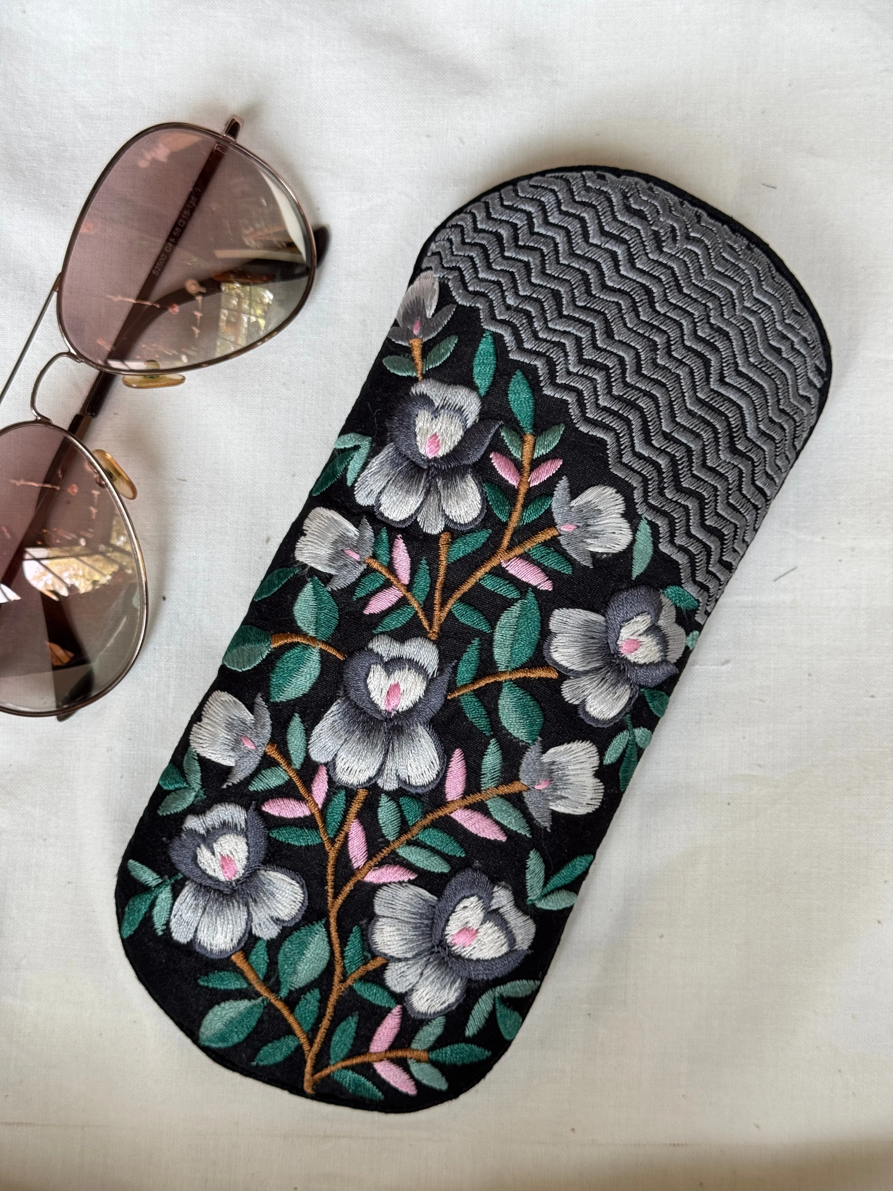 Embroidered fabric based foam lined spectacles case