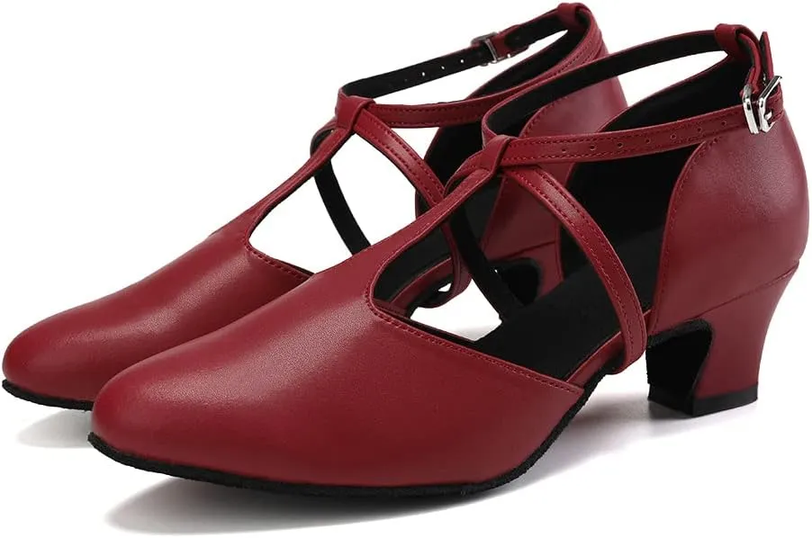 JUODVMP Women's Dance Shoes Leather Cross Strap Character Dance Shoes Ladies Modern Tango Salsa Heels