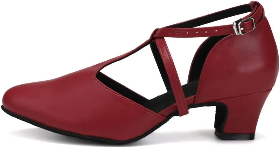 JUODVMP Women's Dance Shoes Leather Cross Strap Character Dance Shoes Ladies Modern Tango Salsa Heels