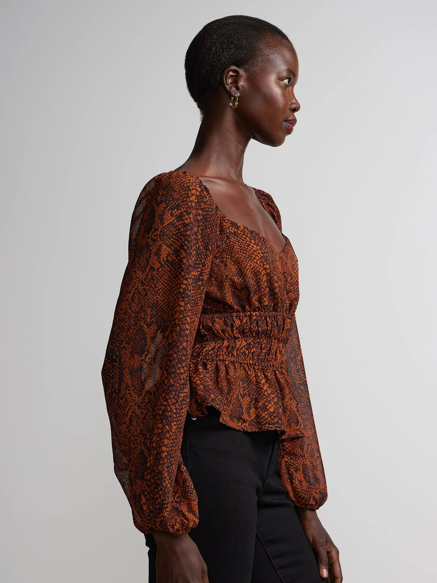 Long Sleeve Sweetheart Neck Snake Print Top