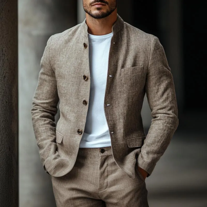 Men's Casual Linen Stand Collar Single Breasted Slim Fit Blazer 96178547M