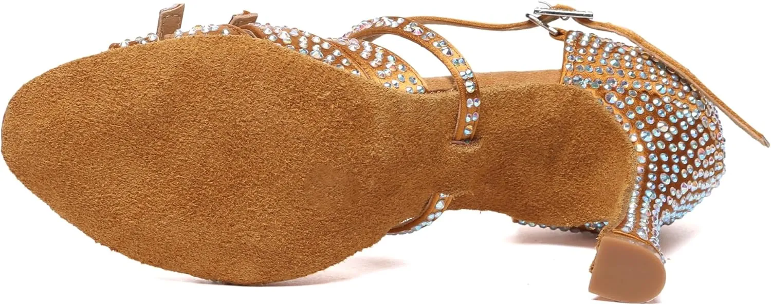 Minishion Dancing Heels for Women with Rhinestones Ankle Strap Wedding Formal Sandals Shoes
