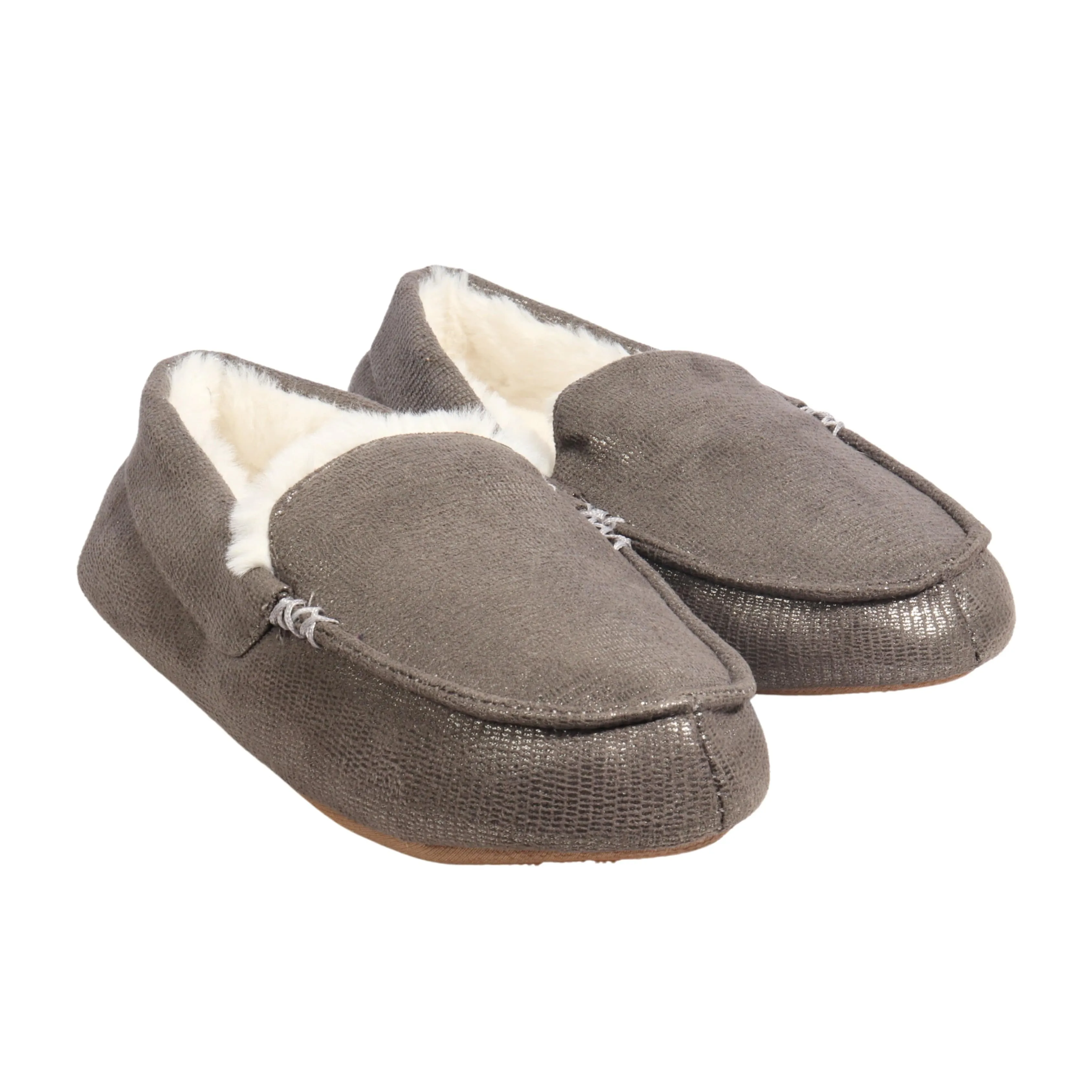 MIXIT - Metallic Pewter Moccasins Faux Fur Lined Slippers
