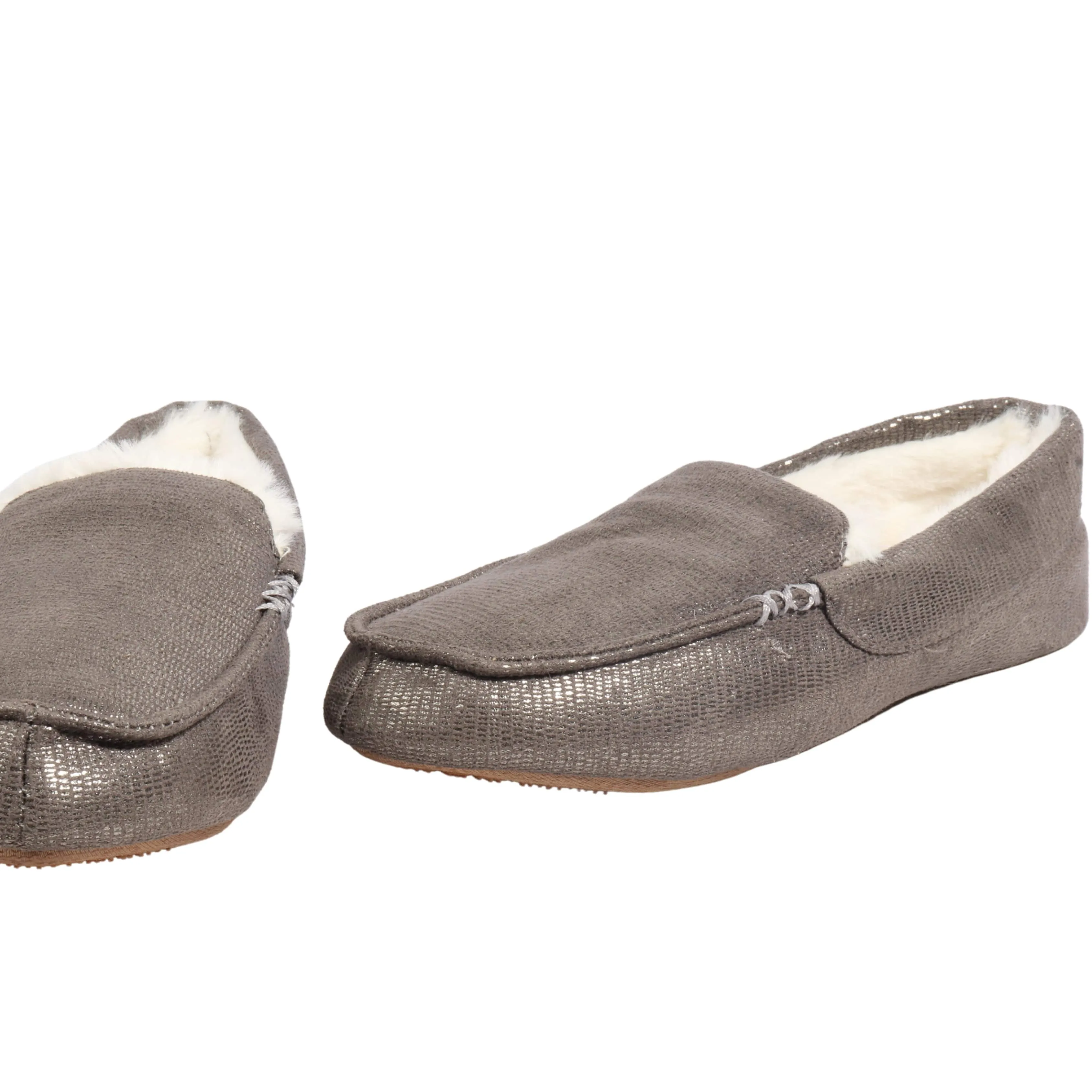 MIXIT - Metallic Pewter Moccasins Faux Fur Lined Slippers