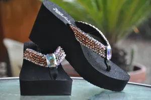 Rose-gold Iridescent Rockstar Platform Swarovski Crystal Flip-flop Sandals by Sparkle Steps