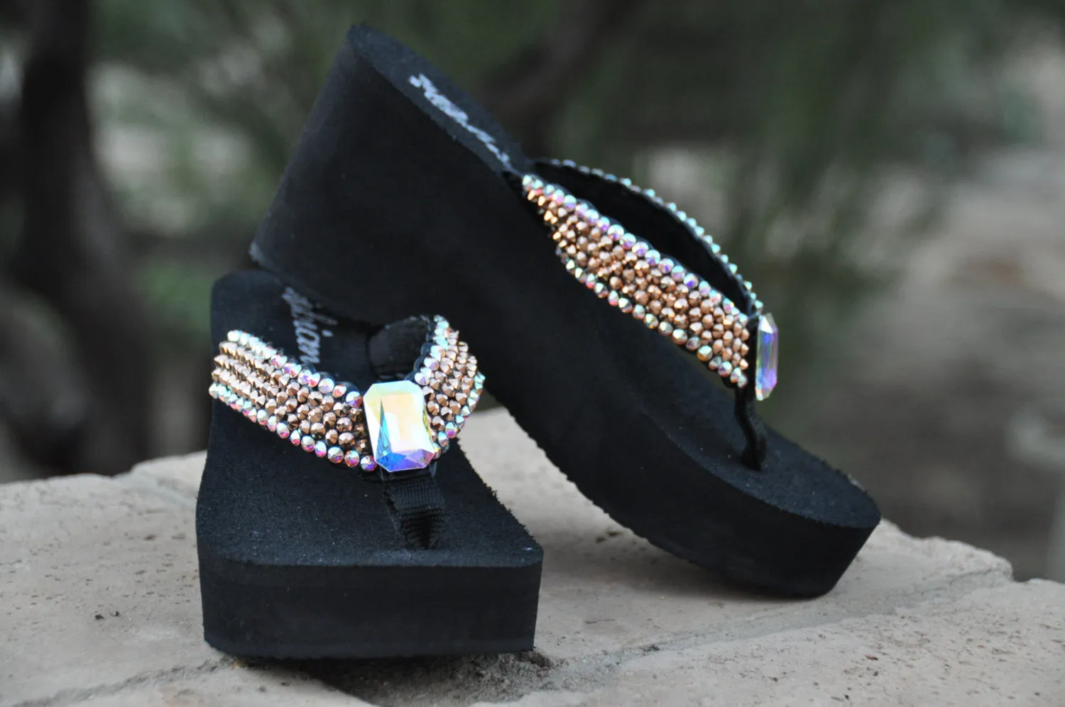 Rose-gold Iridescent Rockstar Platform Swarovski Crystal Flip-flop Sandals by Sparkle Steps