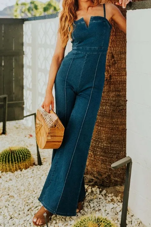 Savannah Sleeveless Wide Leg Denim Jumpsuit Dark Wash