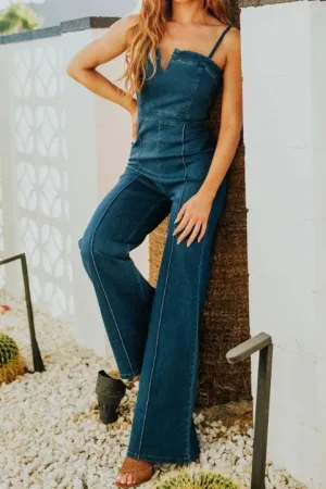 Savannah Sleeveless Wide Leg Denim Jumpsuit Dark Wash