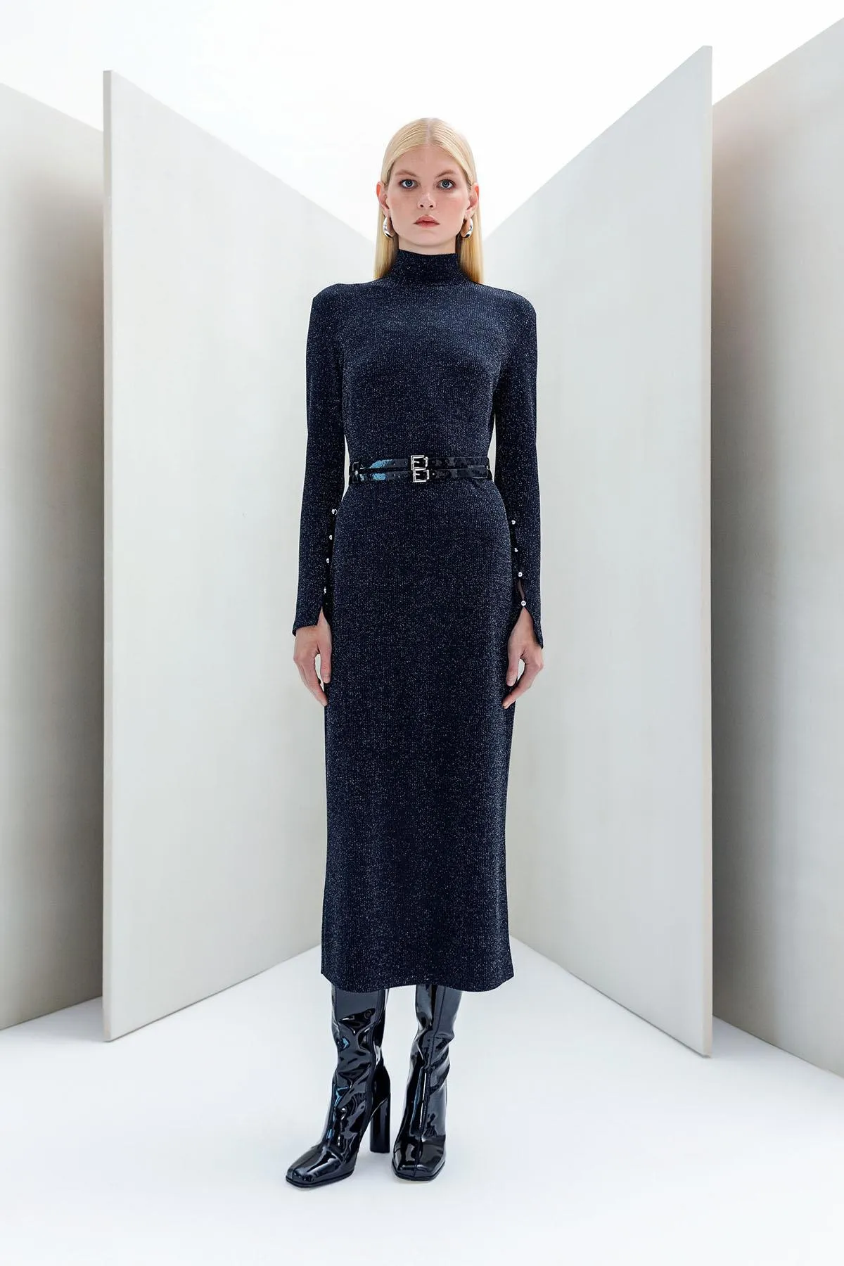 Silvery Dress with Belt Black