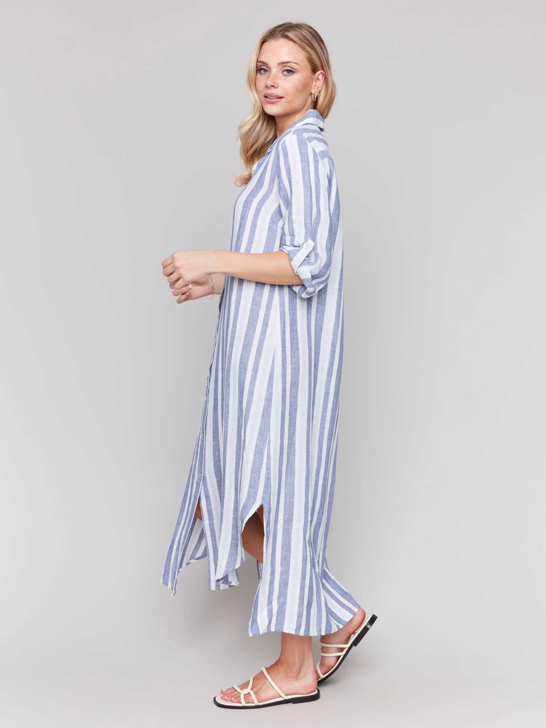 Striped Roll Up Long Sleeve Button Front Dress - Stripes