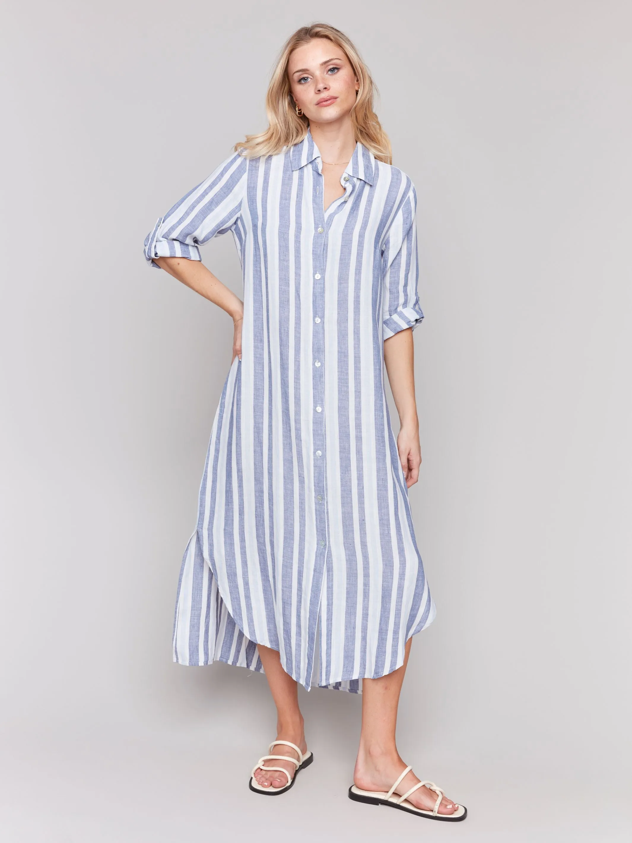 Striped Roll Up Long Sleeve Button Front Dress - Stripes