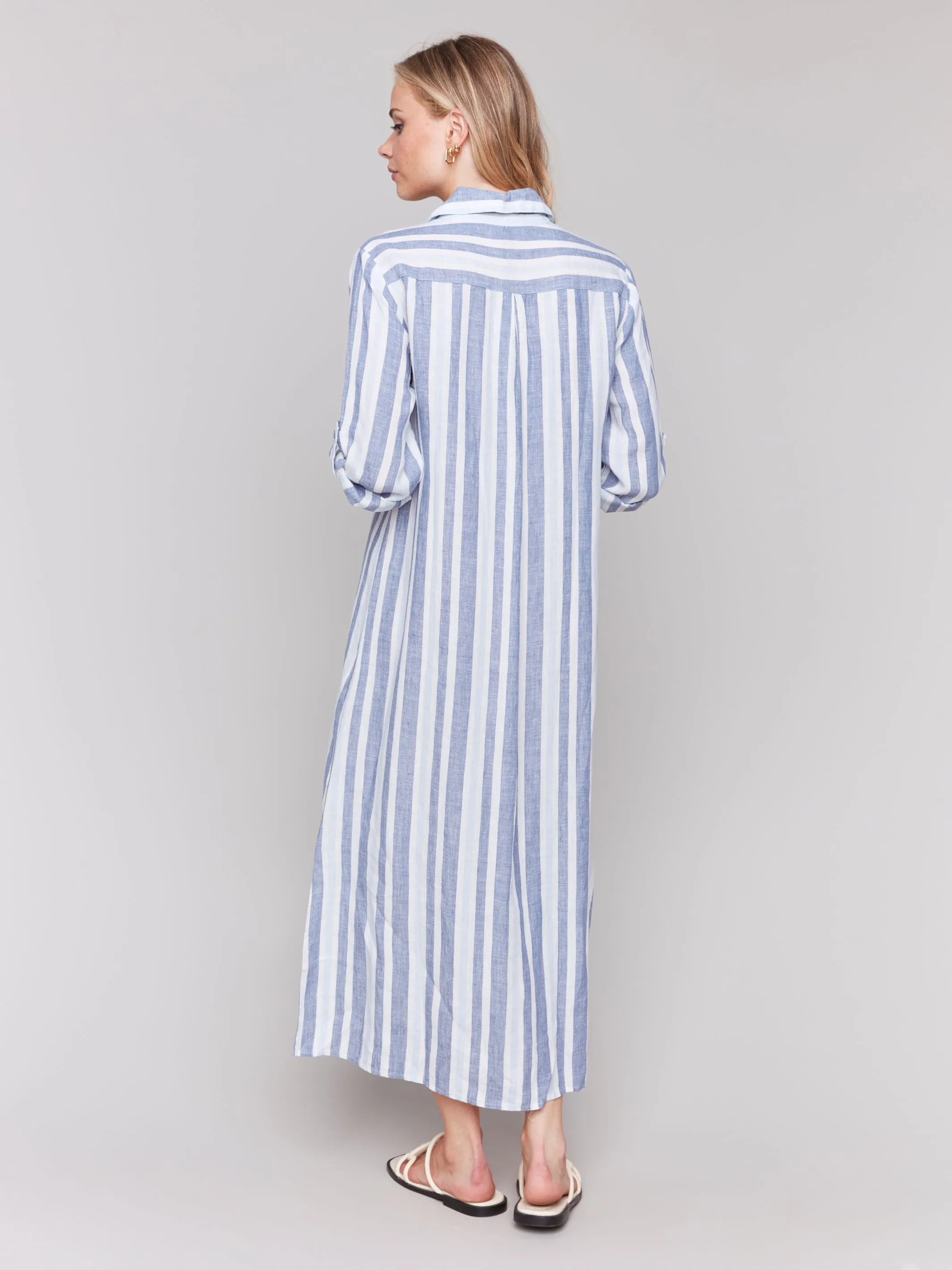 Striped Roll Up Long Sleeve Button Front Dress - Stripes
