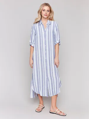 Striped Roll Up Long Sleeve Button Front Dress - Stripes