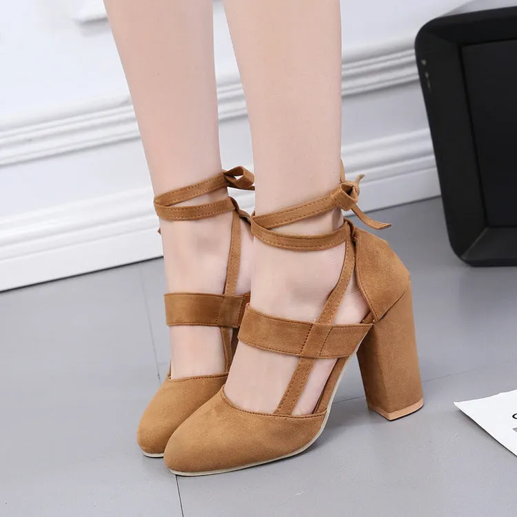 Suede Chunky Heel Pointed Toe Slipper Ankle Strap Sandals