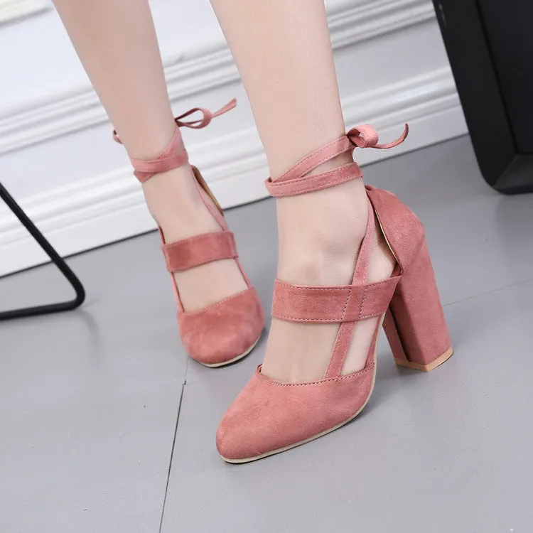 Suede Chunky Heel Pointed Toe Slipper Ankle Strap Sandals