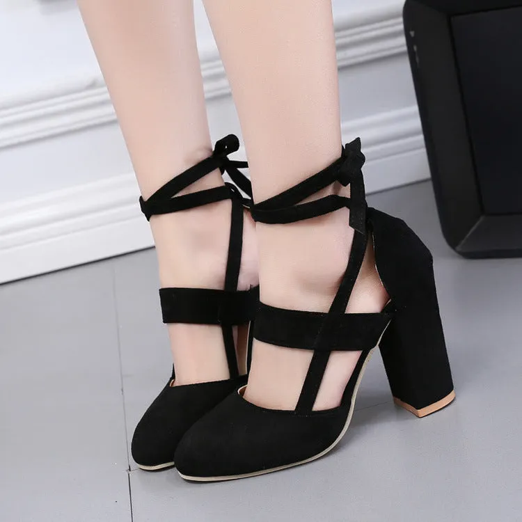 Suede Chunky Heel Pointed Toe Slipper Ankle Strap Sandals