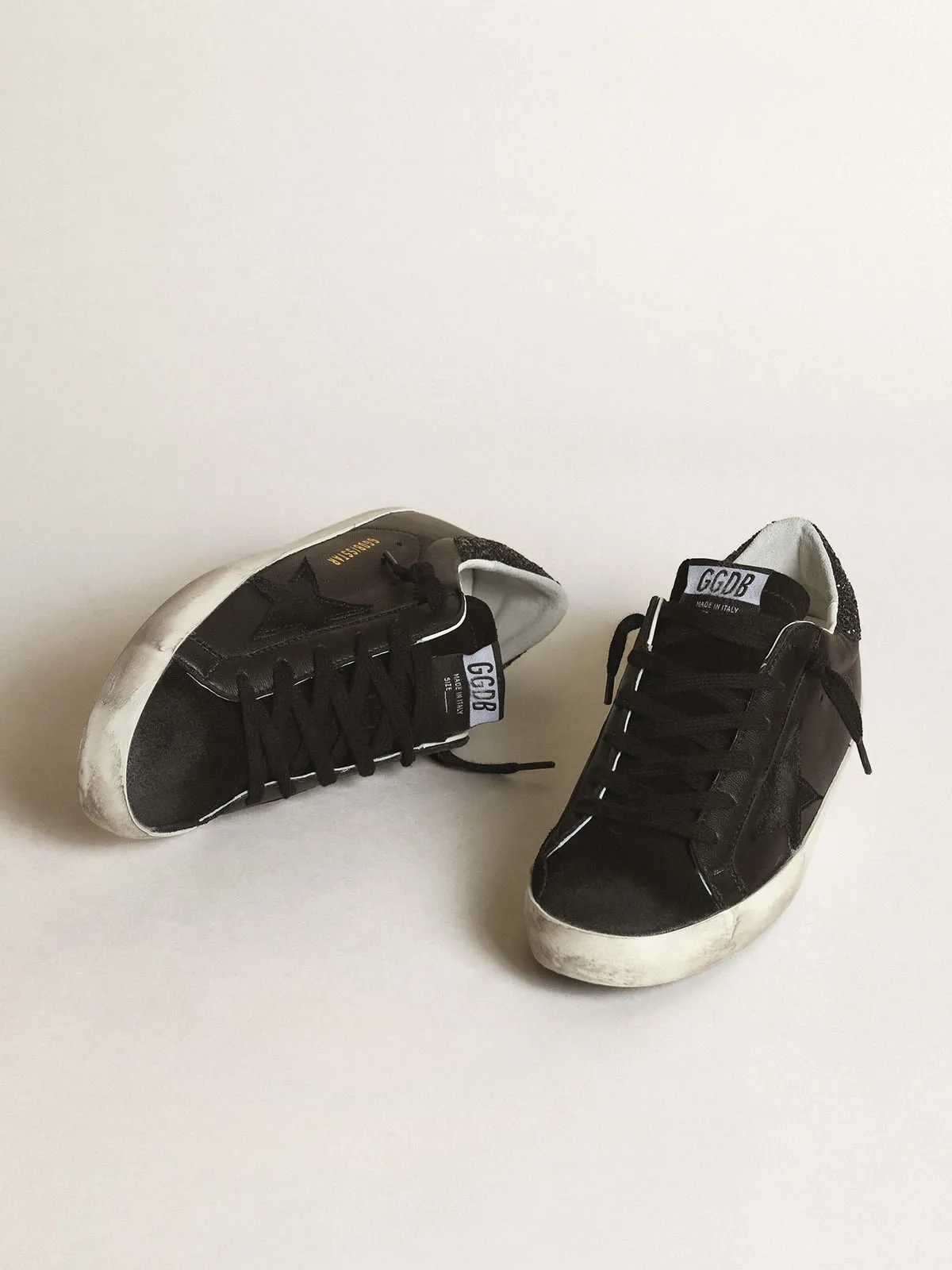 Super Star in Black Nappa w/ Black Star and Glitter Heel Tab