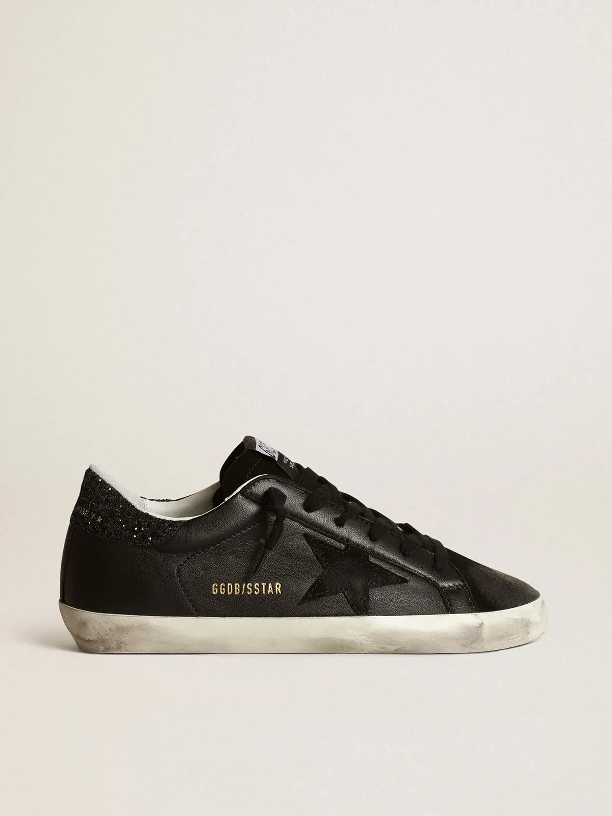 Super Star in Black Nappa w/ Black Star and Glitter Heel Tab