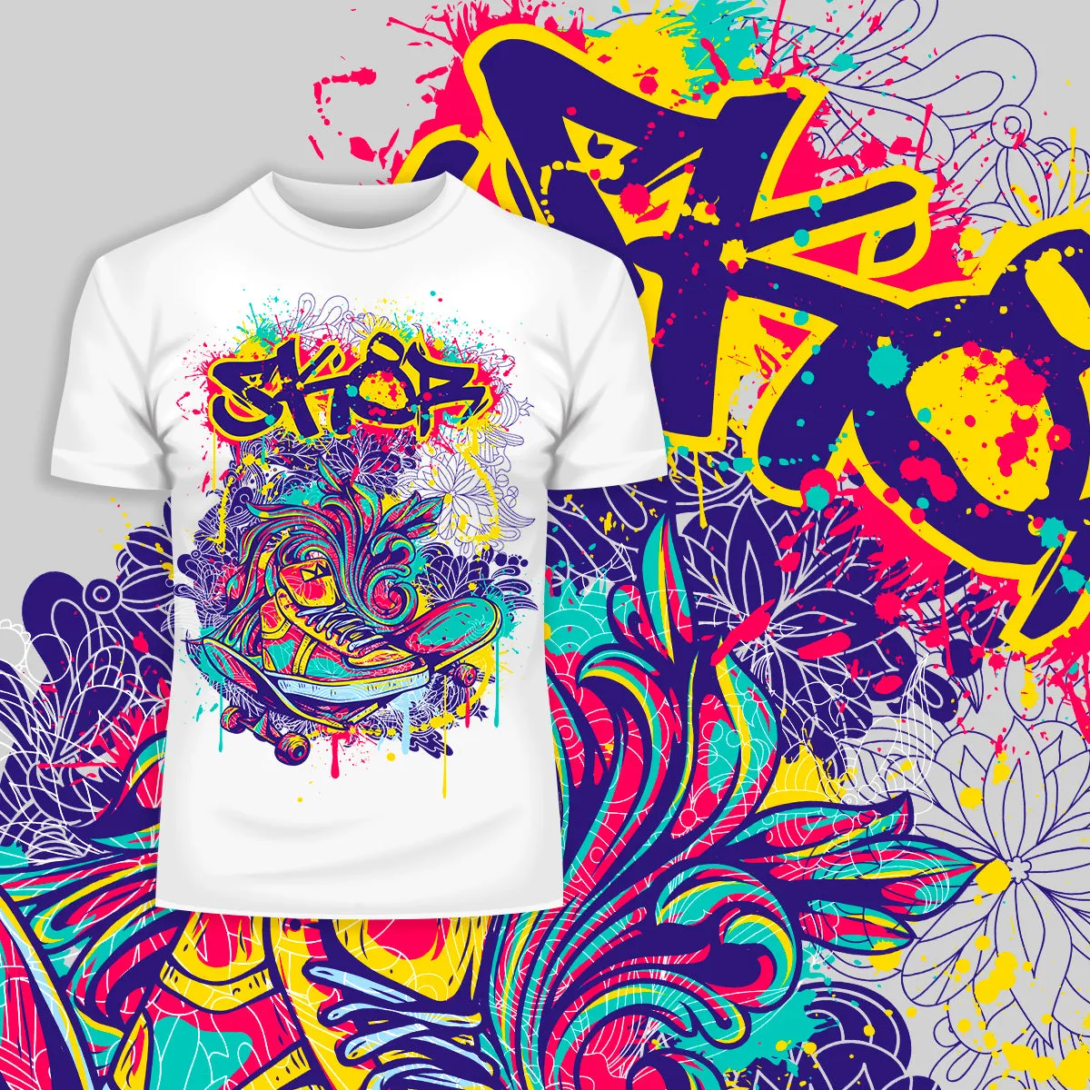 Urban Graffiti Skate & Trainers Detailed Illustration T-Shirt