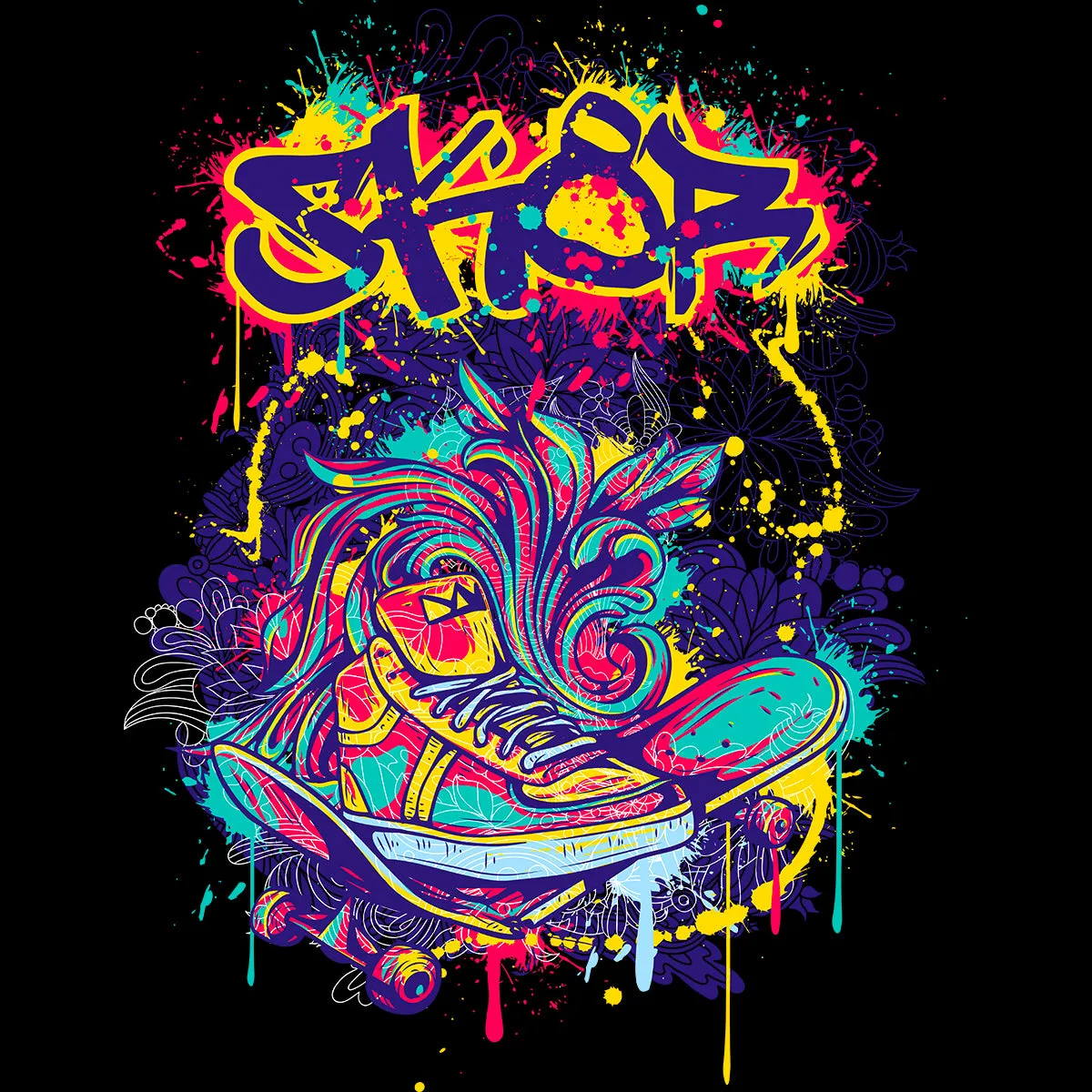 Urban Graffiti Skate & Trainers Detailed Illustration T-Shirt