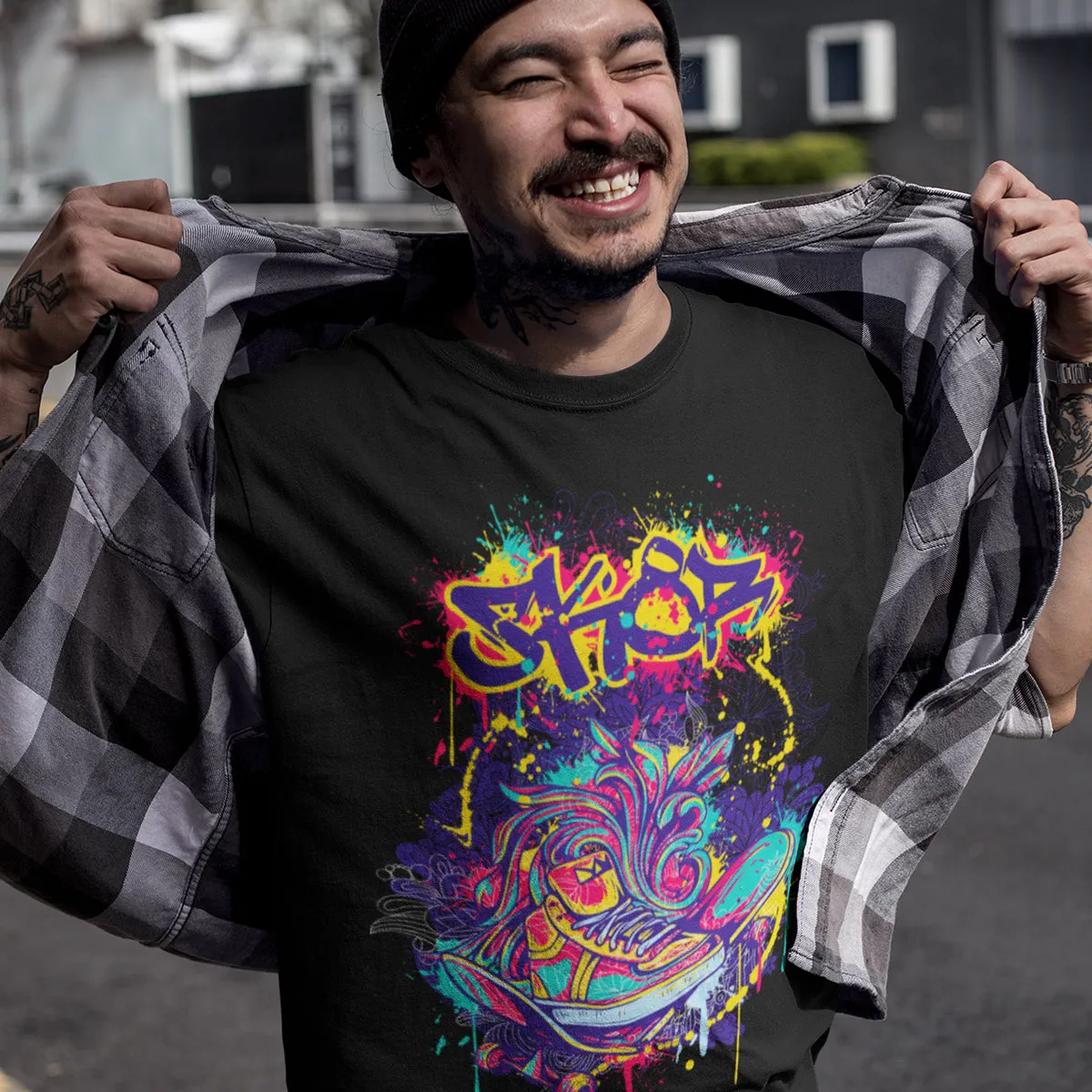 Urban Graffiti Skate & Trainers Detailed Illustration T-Shirt