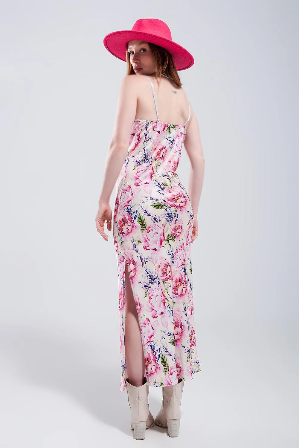 V Back Satin Midi Dress In Pink Rose Print