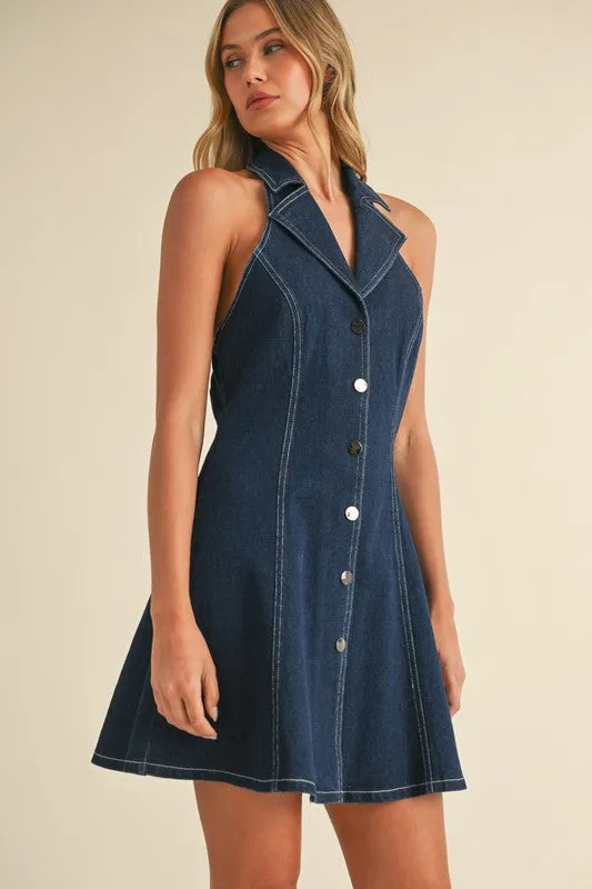 Waitlist 5/10 ♥ Libby Sleeveless Collared Halter Button Down Denim Mini Dress Dark Wash