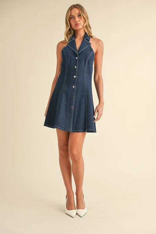 Waitlist 5/10 ♥ Libby Sleeveless Collared Halter Button Down Denim Mini Dress Dark Wash