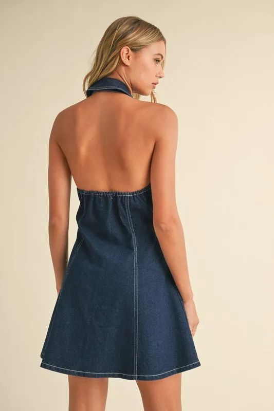 Waitlist 5/10 ♥ Libby Sleeveless Collared Halter Button Down Denim Mini Dress Dark Wash