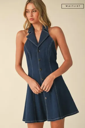 Waitlist 5/10 ♥ Libby Sleeveless Collared Halter Button Down Denim Mini Dress Dark Wash