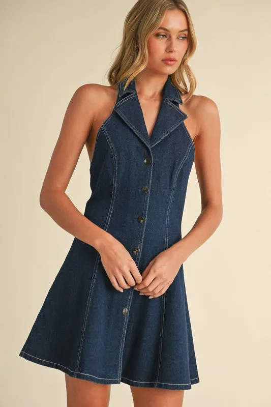 Waitlist 5/10 ♥ Libby Sleeveless Collared Halter Button Down Denim Mini Dress Dark Wash