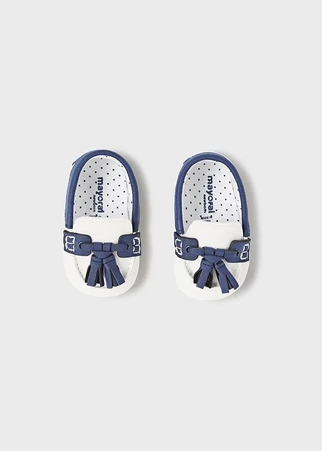 White & Navy Newborn Boy Pre-Walker Moccasins