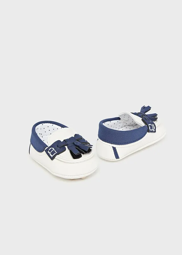 White & Navy Newborn Boy Pre-Walker Moccasins