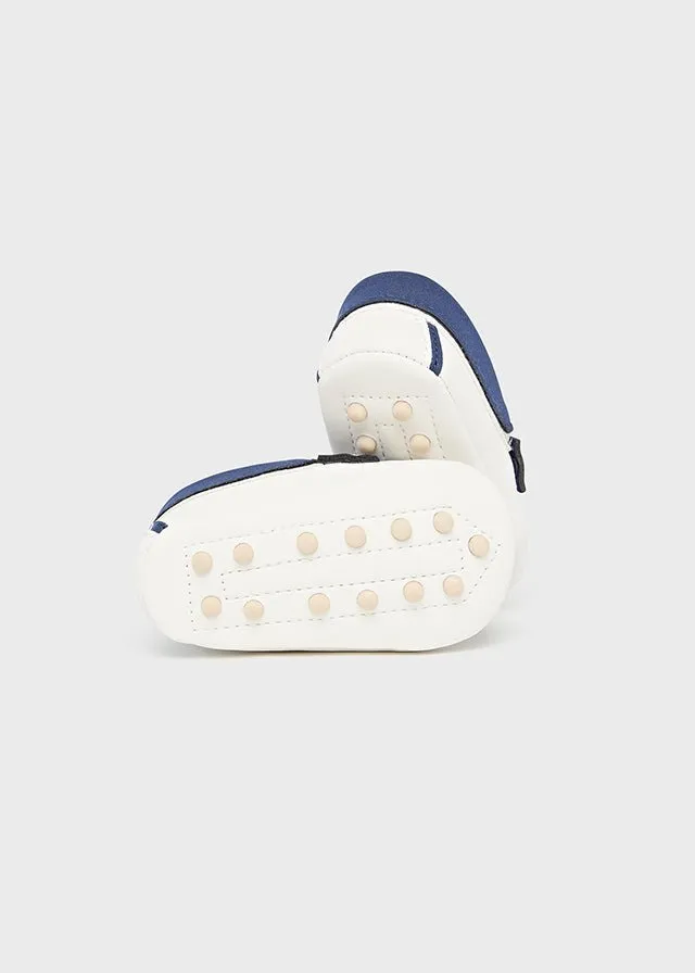 White & Navy Newborn Boy Pre-Walker Moccasins