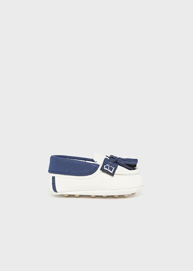 White & Navy Newborn Boy Pre-Walker Moccasins