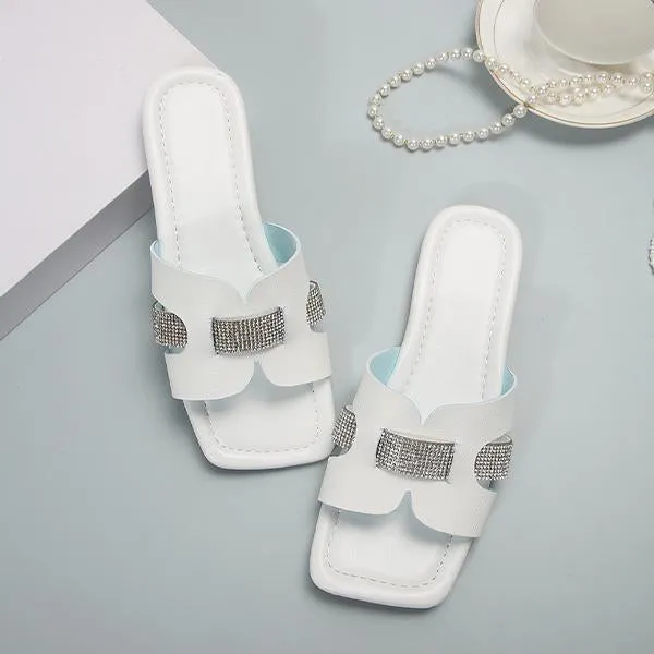Women's Fashion Rhinestone Square Toe Beach Slippers 41999441S
