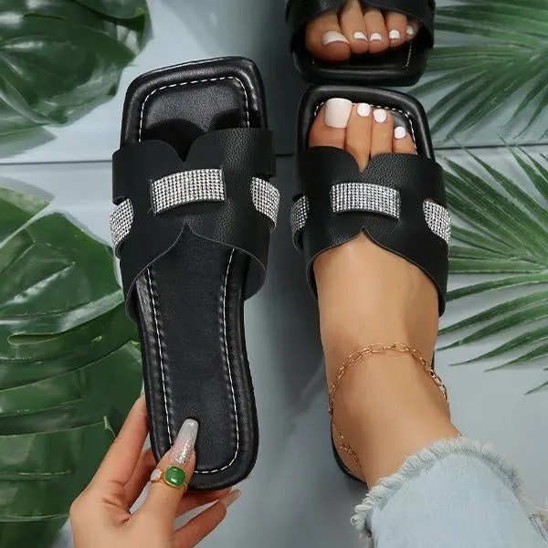 Women's Fashion Rhinestone Square Toe Beach Slippers 41999441S