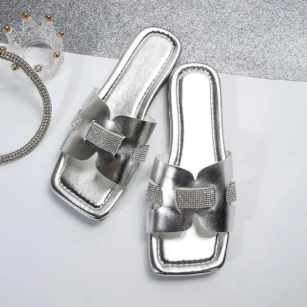 Women's Fashion Rhinestone Square Toe Beach Slippers 41999441S