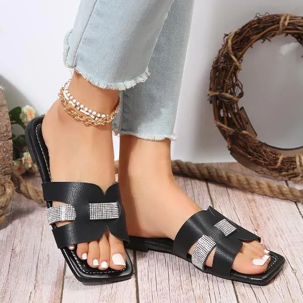 Women's Fashion Rhinestone Square Toe Beach Slippers 41999441S