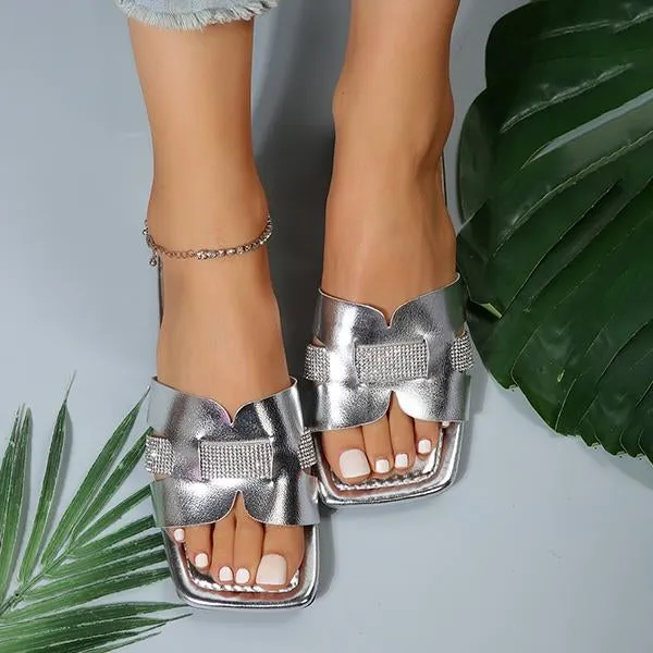 Women's Fashion Rhinestone Square Toe Beach Slippers 41999441S