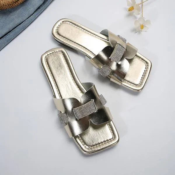 Women's Fashion Rhinestone Square Toe Beach Slippers 41999441S