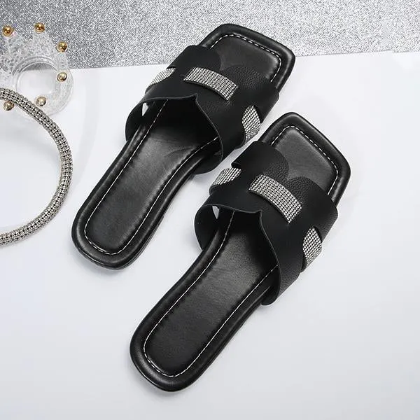 Women's Fashion Rhinestone Square Toe Beach Slippers 41999441S