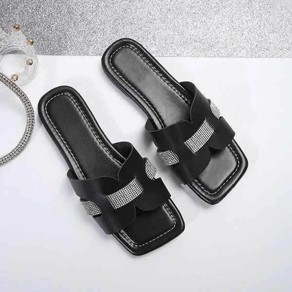 Women's Fashion Rhinestone Square Toe Beach Slippers 41999441S