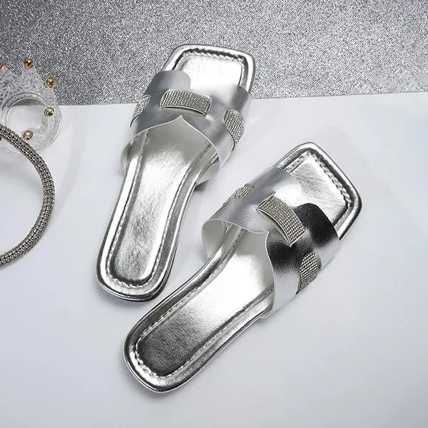 Women's Fashion Rhinestone Square Toe Beach Slippers 41999441S