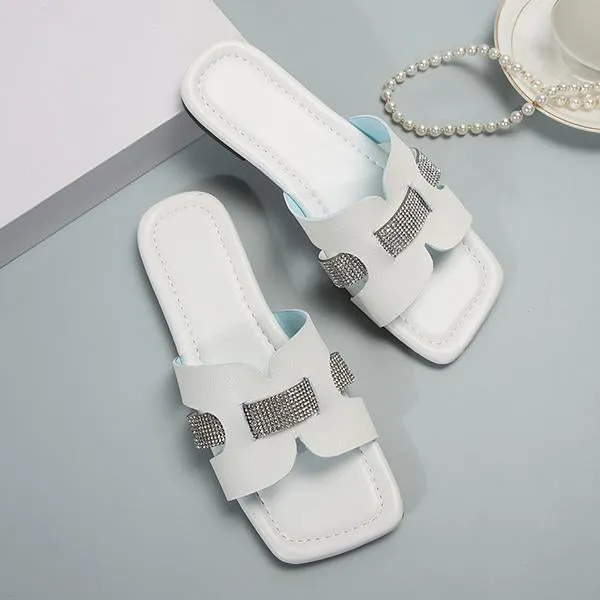 Women's Fashion Rhinestone Square Toe Beach Slippers 41999441S